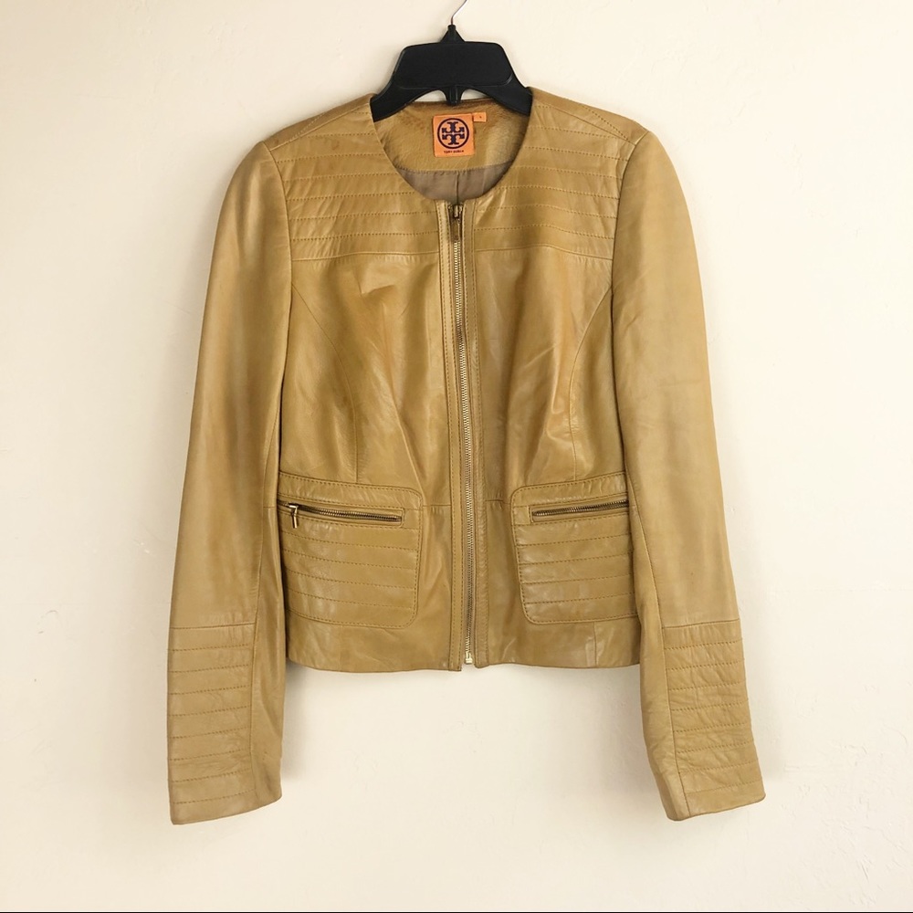 Tory Burch Camel Zip Accent Leather Jacket